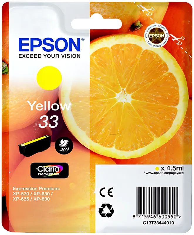 Epson C13T33444012/33 Tintenpatrone gelb, 300 Seiten ISO/IEC 19752 4,5ml