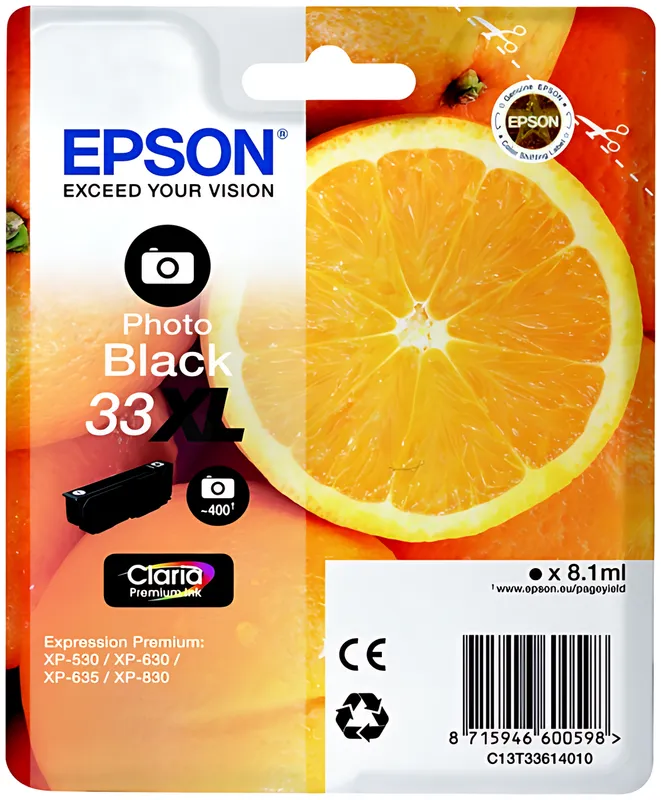 Epson C13T33614012/33XL Tintenpatrone schwarz foto High-Capacity, 400 Seiten ISO/IEC 19752 400 Fotos 8,1ml