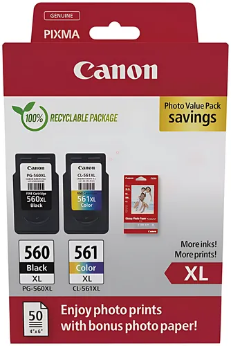 Canon 3712C008/PG-560XL+CL-561XL Druckkopfpatrone Multipack schwarz + color +50 Blatt Fotopapier 14,3ml + 12,2ml VE=2