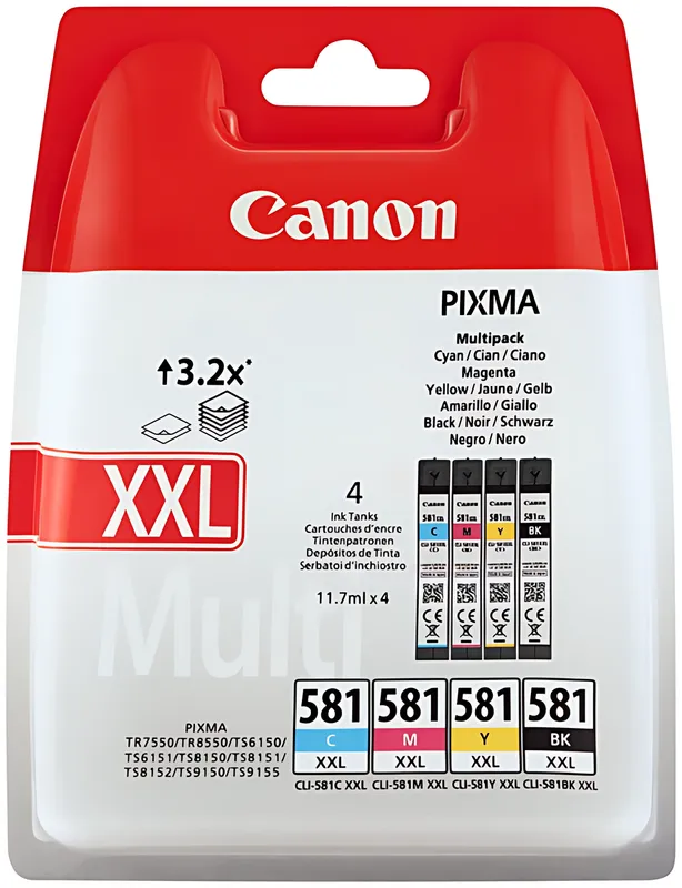Canon 1998C007/CLI-581XXL Tintenpatrone MultiPack Bk,C,M,Y extra High-Capacity VE=4