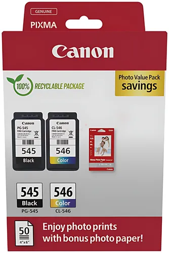 Canon 8287B008/PG-545+CL-546 Druckkopfpatrone Multipack schwarz + color + Fotopapier 50 Blatt, 2x180 Seiten ISO/IEC 24711 8ml VE=2