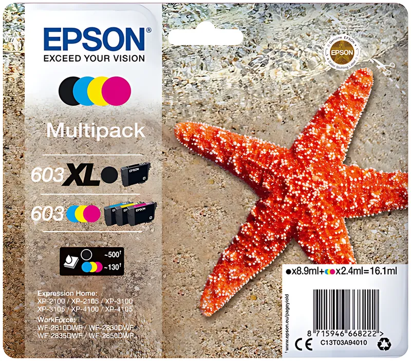 Epson C13T03A94010/603XL/603 Tintenpatrone MultiPack Bk,C,M,Y 8,9ml + 3x2,4ml VE=4
