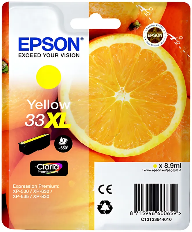 Epson C13T33644012/33XL Tintenpatrone gelb High-Capacity, 650 Seiten ISO/IEC 19752 8,9ml