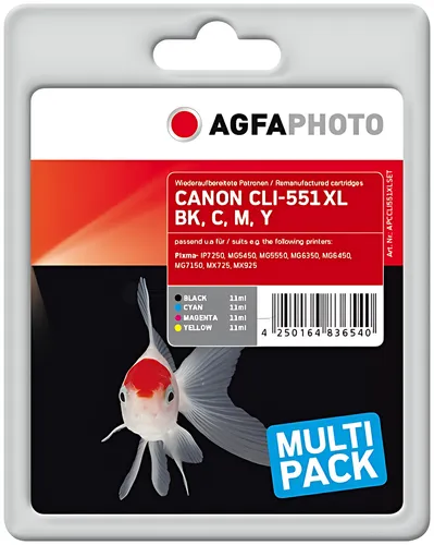 AgfaPhoto APCCLI551XLSET Tintenpatrone MultiPack Bk,C,M,Y, 4x970 Seiten 11ml VE=4 (ersetzt Canon CLI-551BKXL CLI-551CXL CLI-551MXL CLI-551YXL)