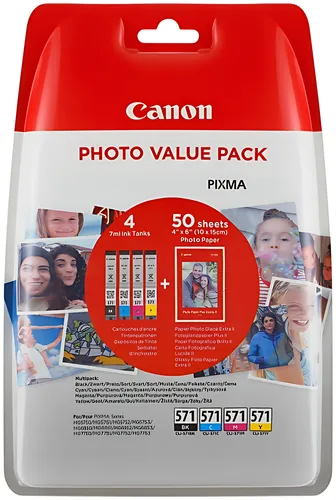Canon 0386C008/CLI-571 Tintenpatrone MultiPack Bk,C,M,Y + Fotopapier 10x15cm 50 Blatt Blister 7ml VE=4