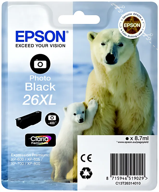 Epson C13T26314010/26XL Tintenpatrone schwarz foto High-Capacity XL, 400 Seiten 400 Fotos 8.7ml