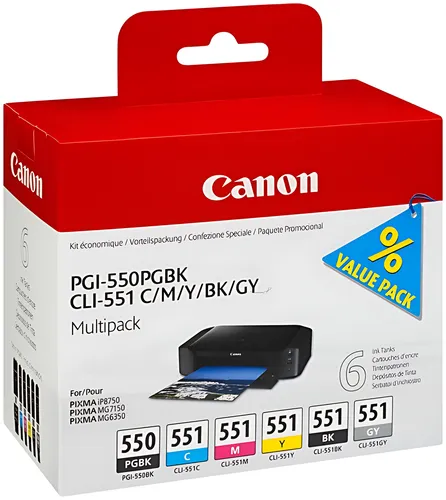 Canon 6496B005/PGI-550/CLI-551 Tintenpatrone MultiPack Bk,C,M,Y,Gy 7ml VE=6