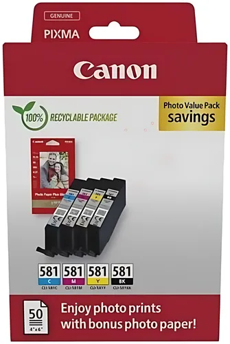 Canon 2106C006/CLI-581 Tintenpatrone MultiPack Bk,C,M,Y + Fotopapier 50 Blatt 10x15cm 5.6ml 1505/256/237/257 pg VE=4