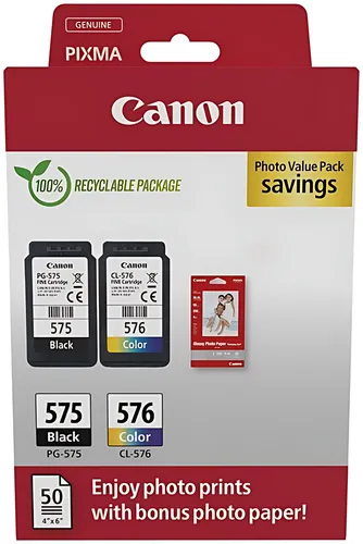 Canon 5438C004/PG-575/CL-576 Druckkopfpatrone Multipack schwarz + color +50 Blatt Fotopapier PVP 5,6ml + 6,2ml VE=2