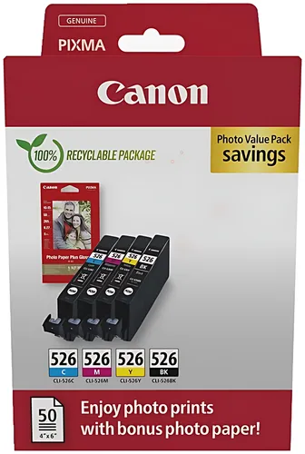 Canon 4540B019/CLI-526 Tintenpatrone MultiPack Bk,C,M,Y + Fotopapier 10x15cm 50 Blatt Blister, 4x450 Seiten ISO/IEC 24711 9ml VE=4
