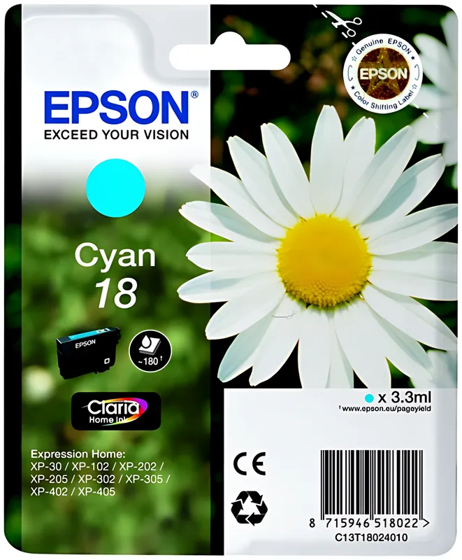 Epson C13T18024012/18 Tintenpatrone cyan, 180 Seiten 3ml