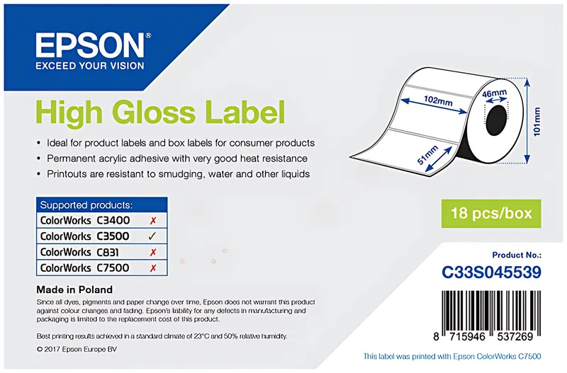 Epson C33S045539 Etikettenrolle die-cut 102mm x 51m 610 VE=1