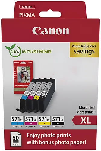 Canon 0332C006/CLI-571XL Tintenpatrone MultiPack Bk,C,M,Y High-Capacity + Fotopapier 50 Blatt 11ml VE=4