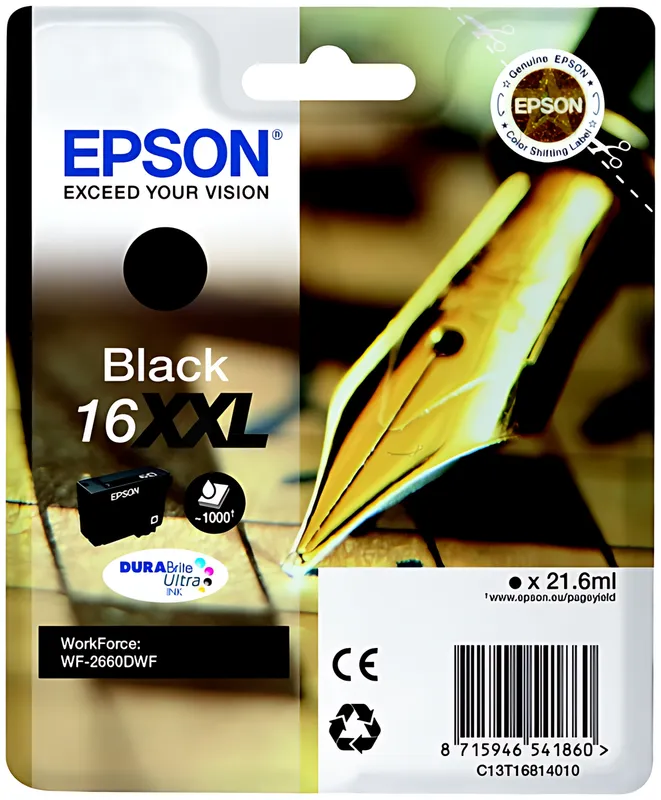 Epson C13T16814012/16XXL Tintenpatrone schwarz extra High-Capacity, 1.000 Seiten ISO/IEC 24711 21.6ml