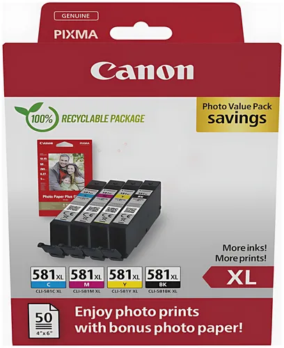 Canon 2052C006/CLI-581XL Tintenpatrone MultiPack Bk,C,M,Y High-Capacity + Fotopapier 50 Blatt VE=4