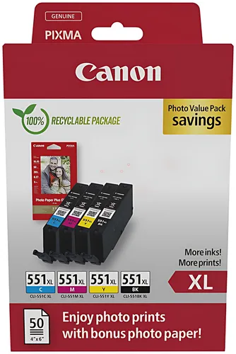 Canon 6443B008/CLI-551XL Tintenpatrone MultiPack High-Capacity CLI Bk,C,M,Y + Fotopapier PP-201 50 Blatt 5530pg + 3x695pg VE=4